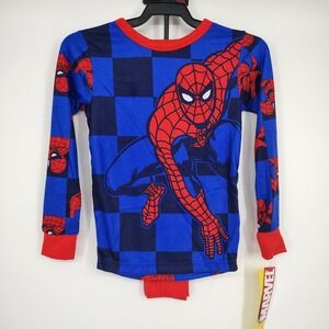 NWT Marvel Spiderman Boy Pajama Pants Set Size 6 Blue Red Checkered Long Sleeve